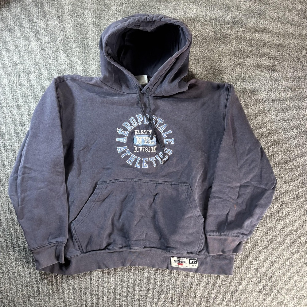 Aeropostale Hoodie Mens XL Blue Pullover Fleece Athletics Logo Kangaroo Pocket